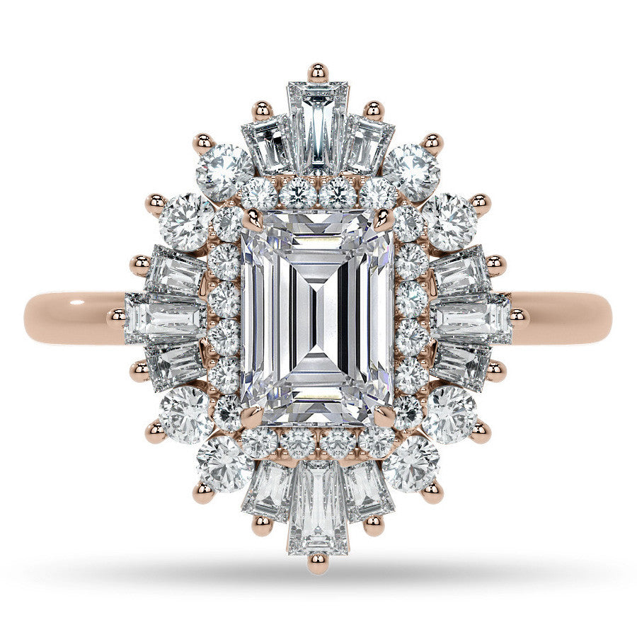 Art Deco Emerald / Radiant and Baguette Moissanite Engagement Ring
