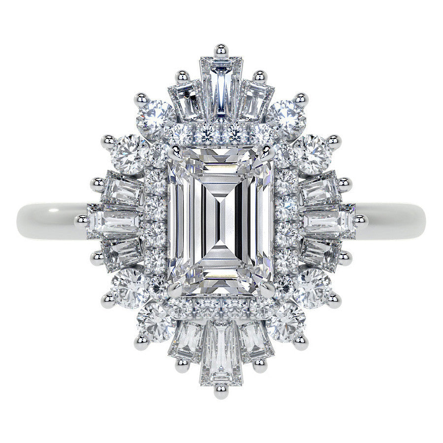 Art Deco Emerald / Radiant and Baguette Moissanite Engagement Ring