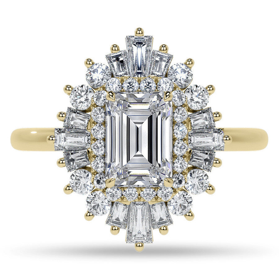 Art Deco Emerald / Radiant and Baguette Moissanite Engagement Ring