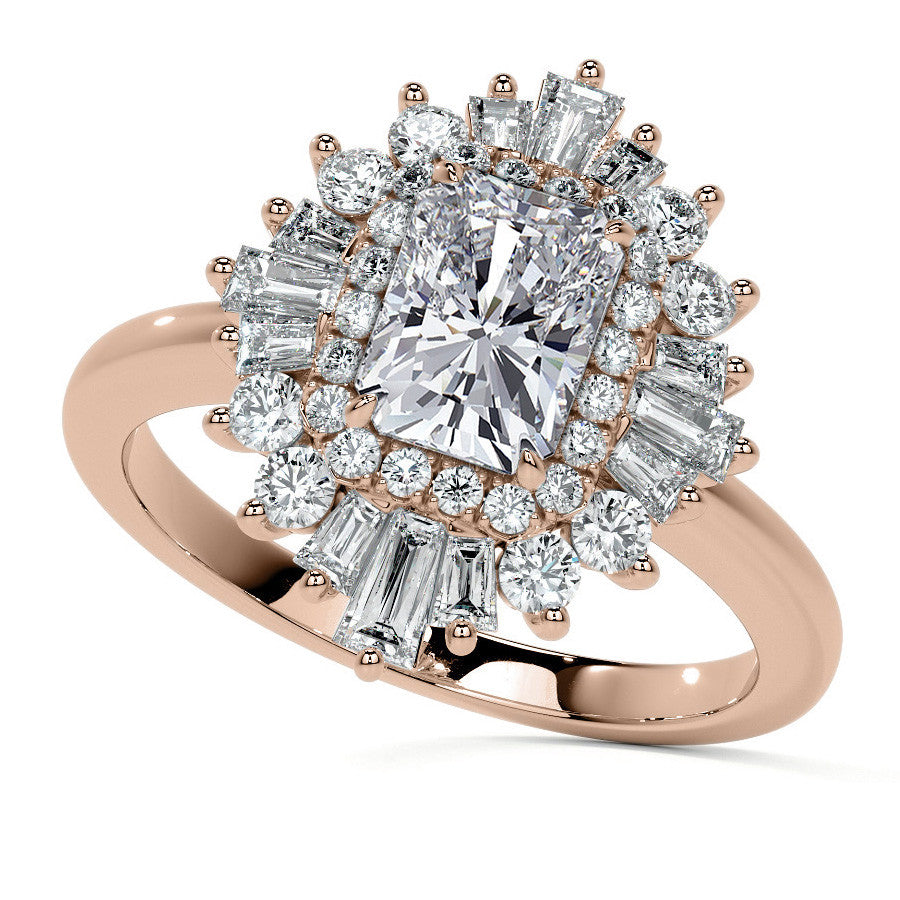 Art Deco Emerald / Radiant and Baguette Moissanite Engagement Ring