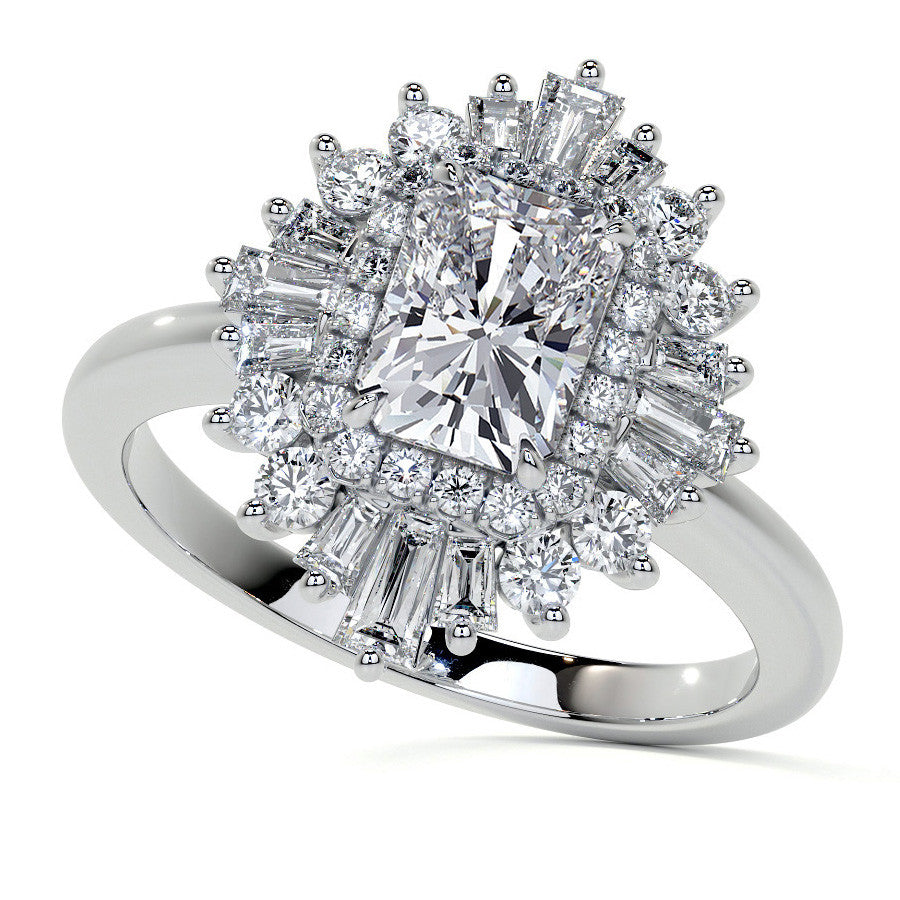 Art Deco Emerald / Radiant and Baguette Moissanite Engagement Ring