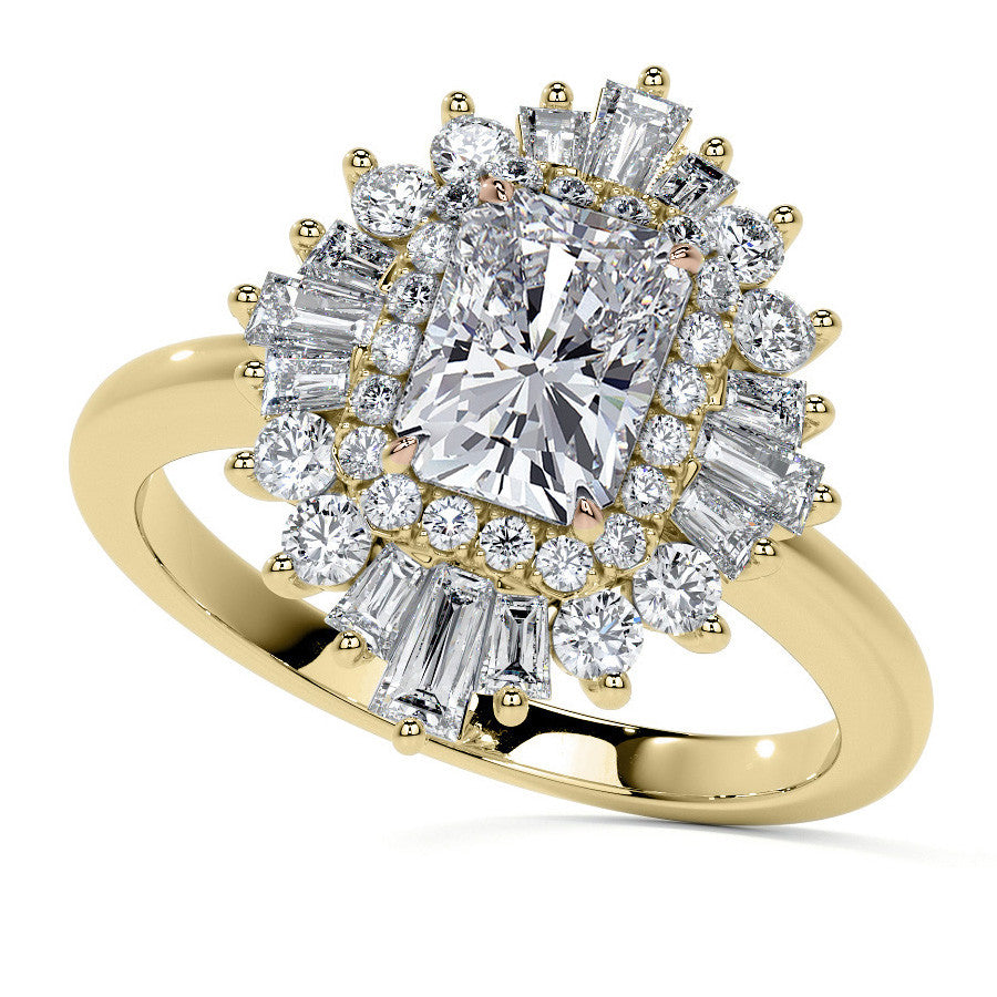 Art Deco Emerald / Radiant and Baguette Moissanite Engagement Ring