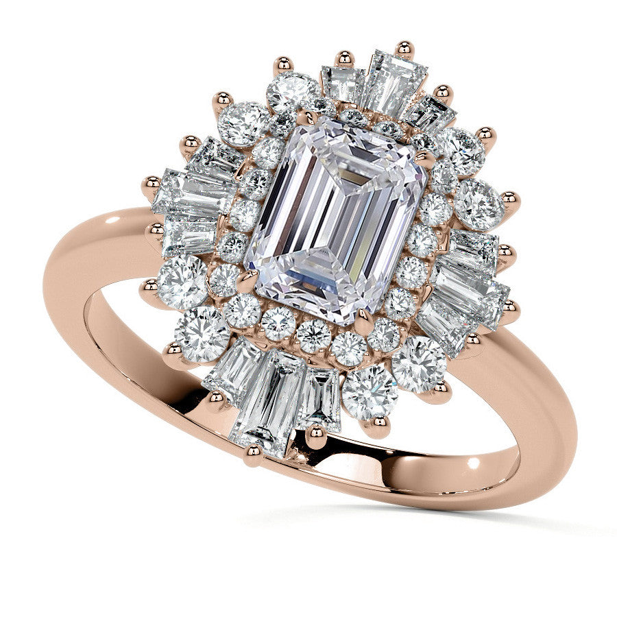 Art Deco Emerald / Radiant and Baguette Moissanite Engagement Ring