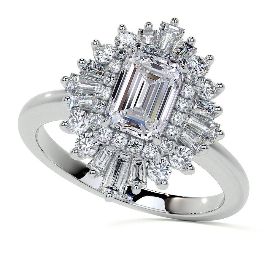 Art Deco Emerald / Radiant and Baguette Moissanite Engagement Ring