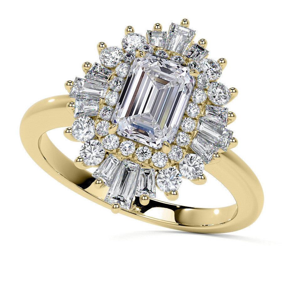 Art Deco Emerald / Radiant and Baguette Moissanite Engagement Ring