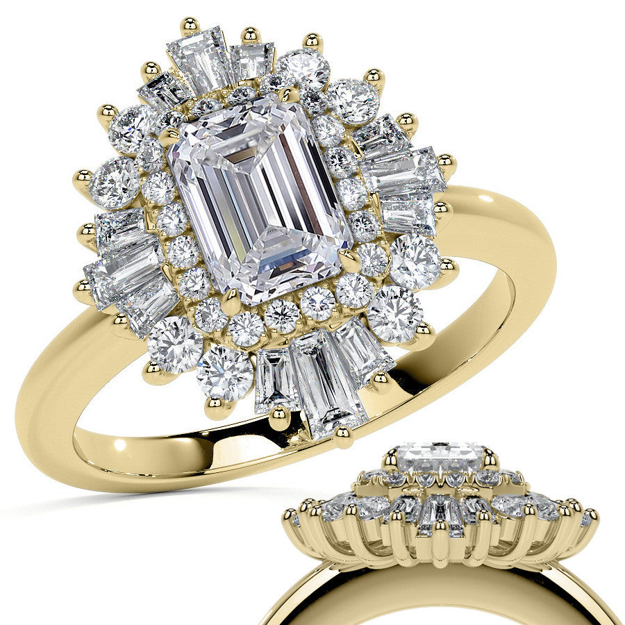 Art Deco Emerald / Radiant and Baguette Moissanite Engagement Ring