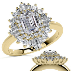 Art Deco Emerald / Radiant and Baguette Moissanite Engagement Ring