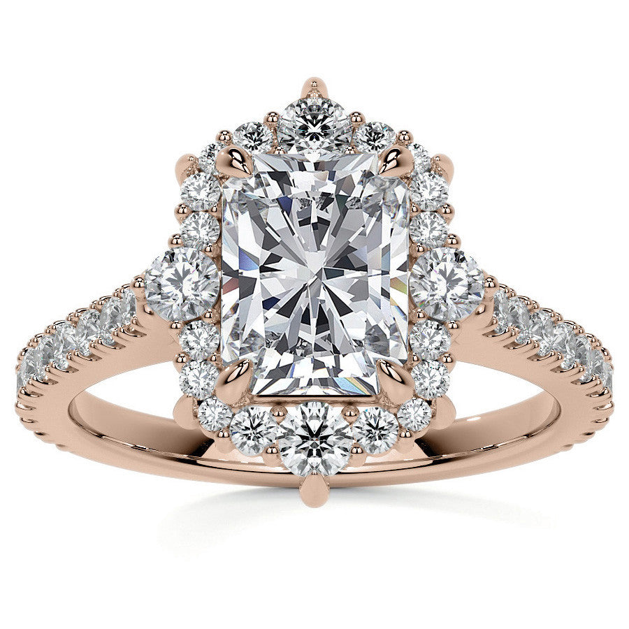 Emerald / Radiant Moissanite Graduated Halo Engagement Ring