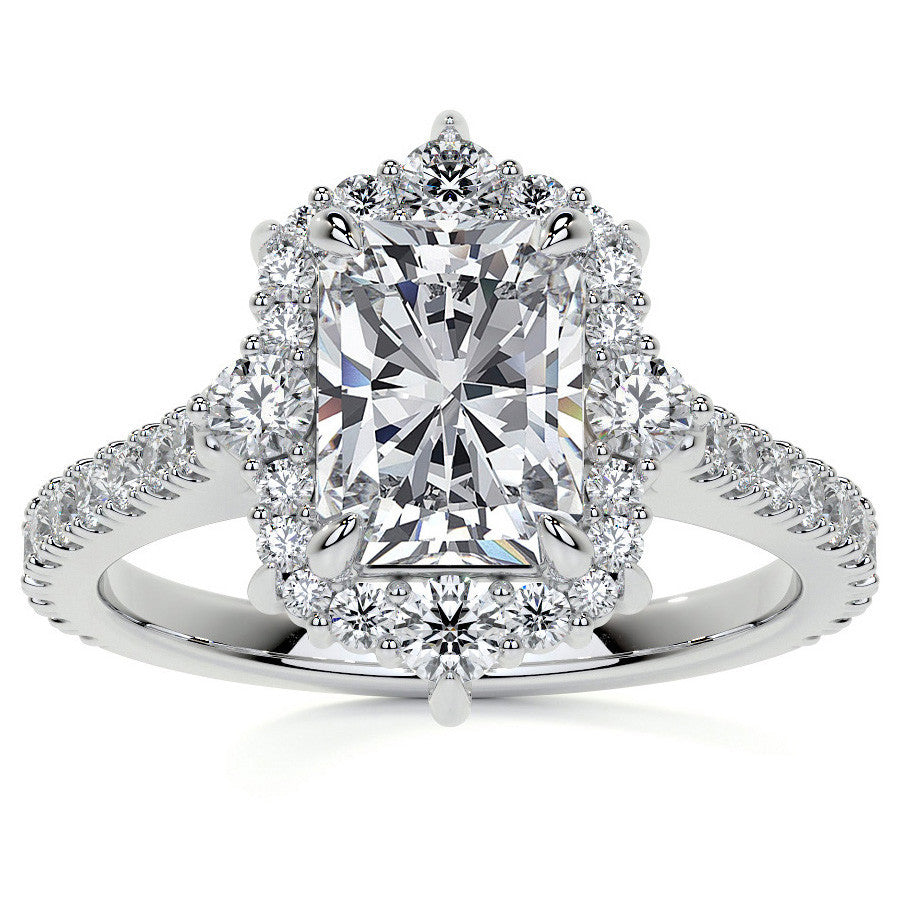 Emerald / Radiant Moissanite Graduated Halo Engagement Ring