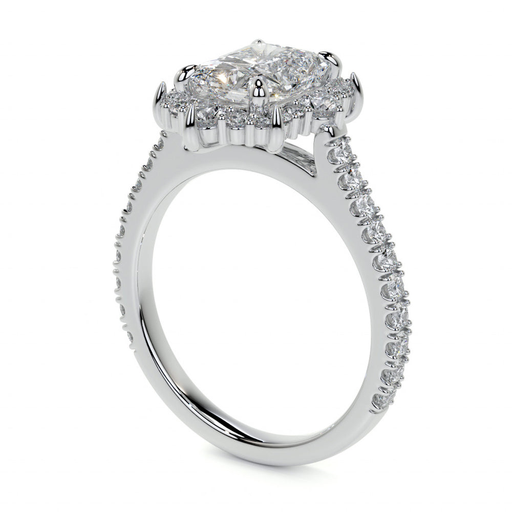Emerald / Radiant Moissanite Graduated Halo Engagement Ring