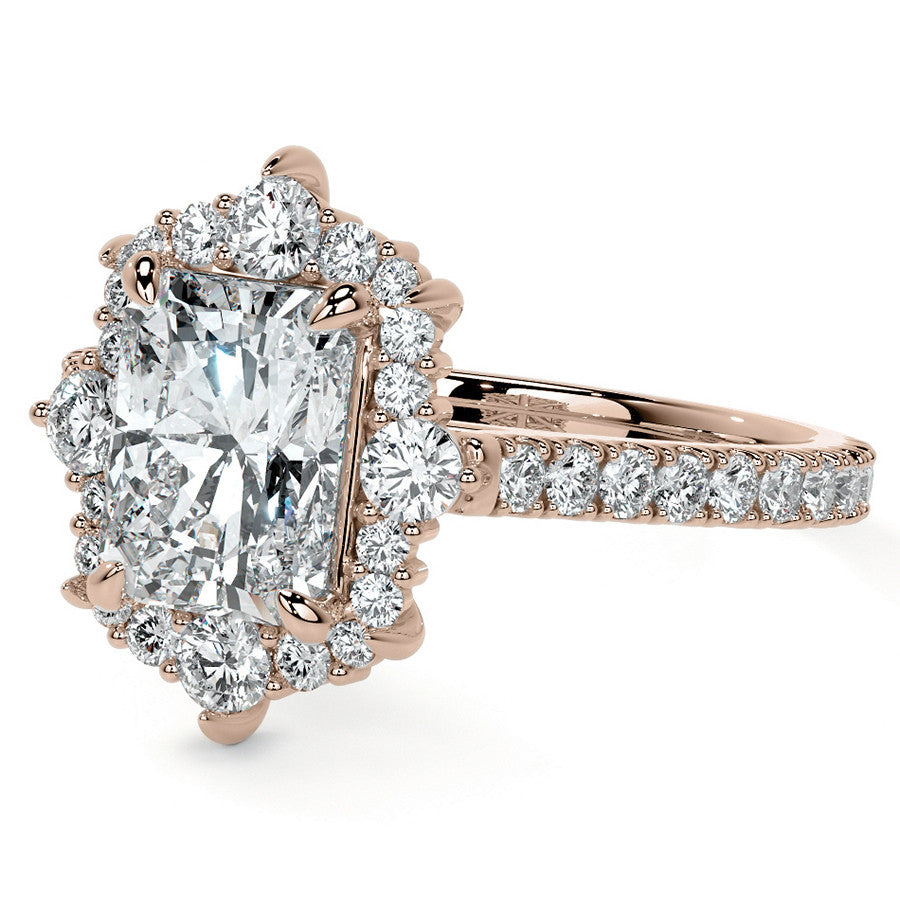 Emerald / Radiant Moissanite Graduated Halo Engagement Ring