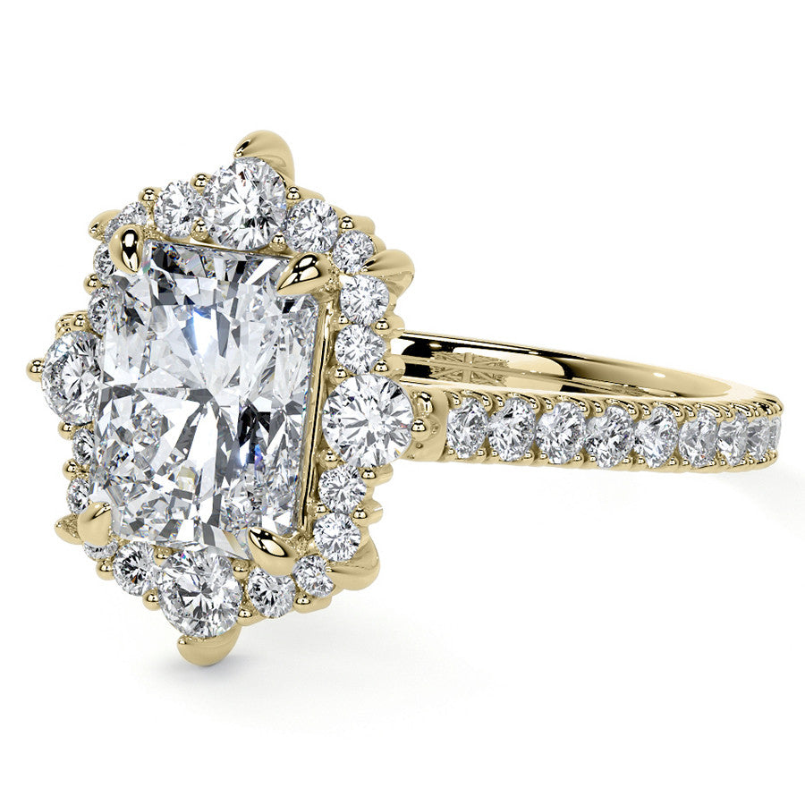 Emerald / Radiant Moissanite Graduated Halo Engagement Ring