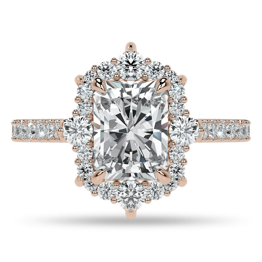 Emerald / Radiant Moissanite Graduated Halo Engagement Ring