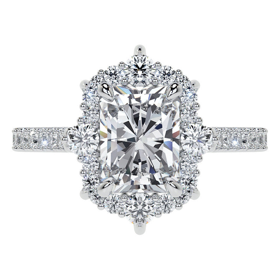 Emerald / Radiant Moissanite Graduated Halo Engagement Ring
