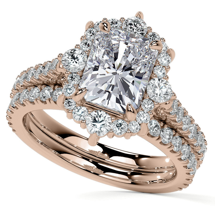 Emerald / Radiant Moissanite Graduated Halo Engagement Ring
