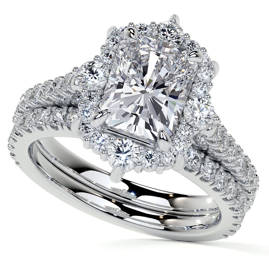 Emerald / Radiant Moissanite Graduated Halo Engagement Ring