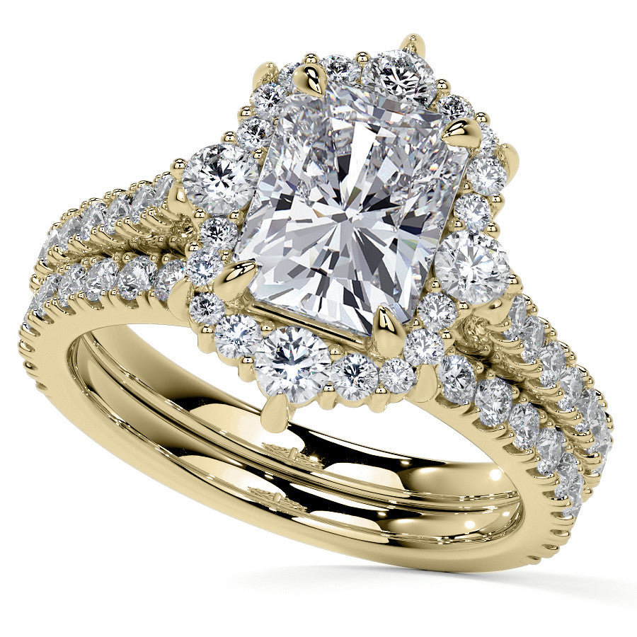 Emerald / Radiant Moissanite Graduated Halo Engagement Ring