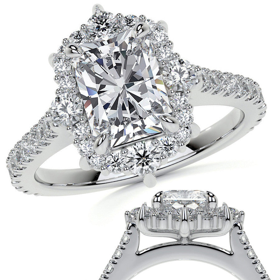 Emerald / Radiant Moissanite Graduated Halo Engagement Ring