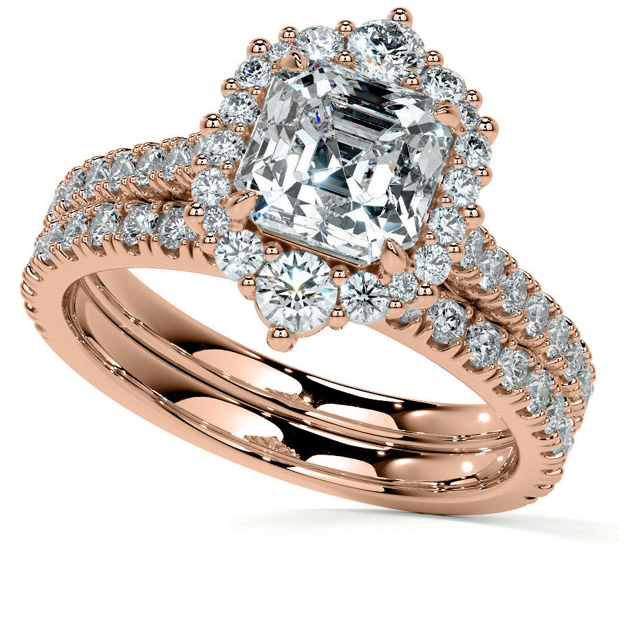 Asscher Moissanite Graduated Halo Engagement Ring