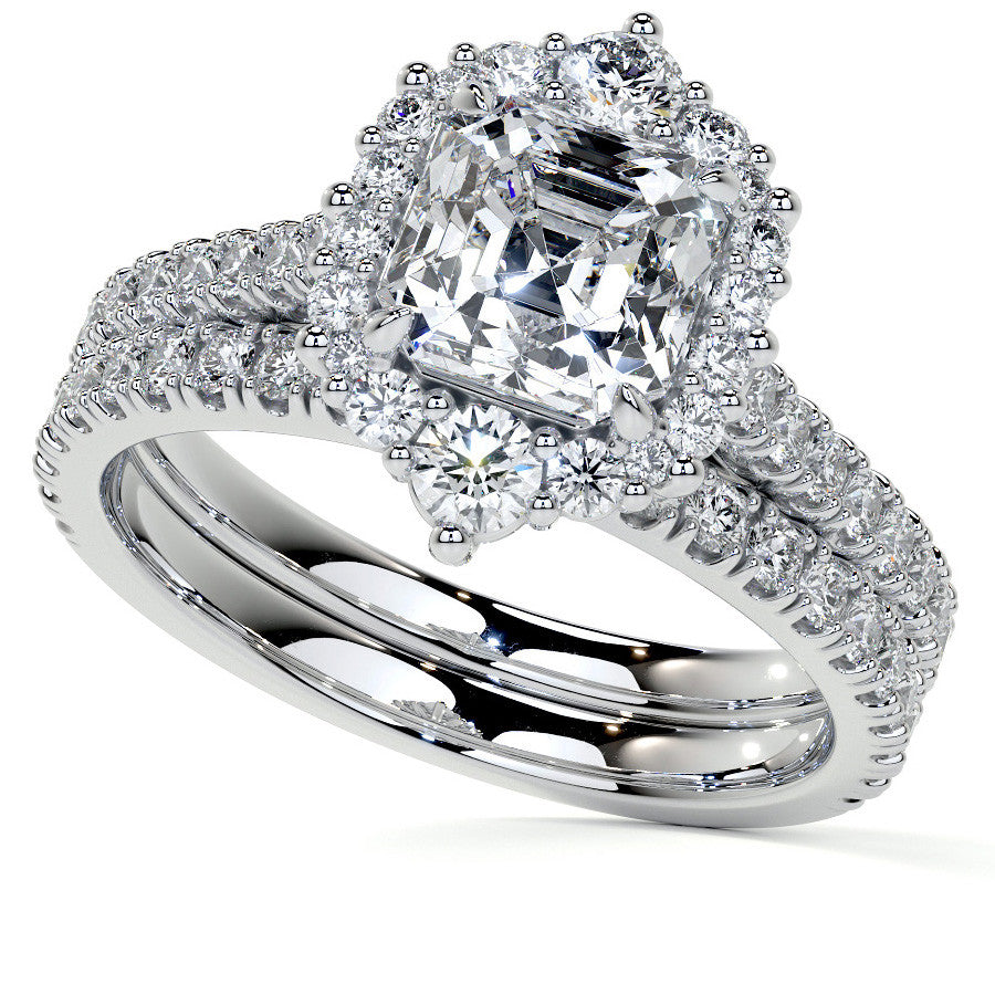 Asscher Moissanite Graduated Halo Engagement Ring