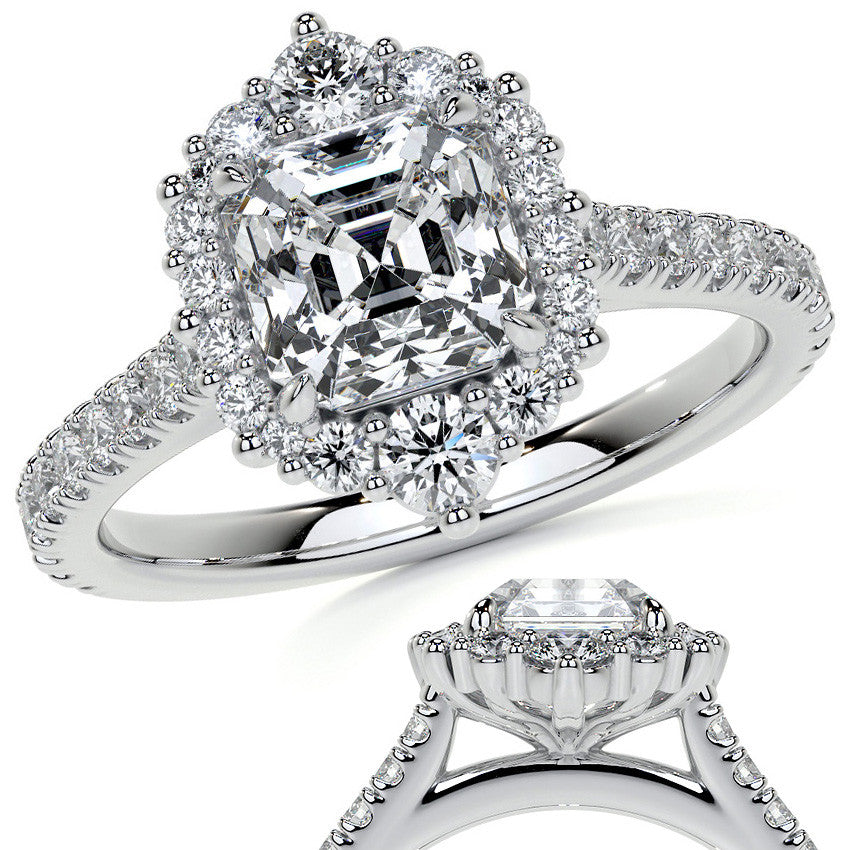 Asscher Moissanite Graduated Halo Engagement Ring