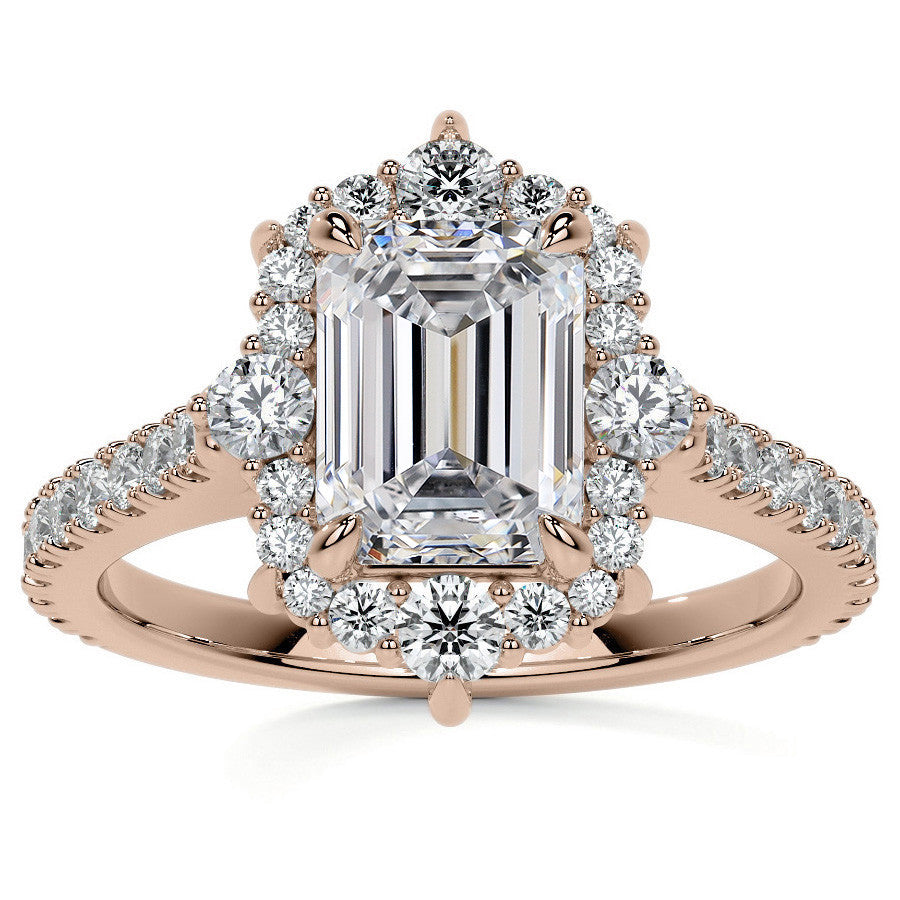 Emerald / Radiant Moissanite Graduated Halo Engagement Ring