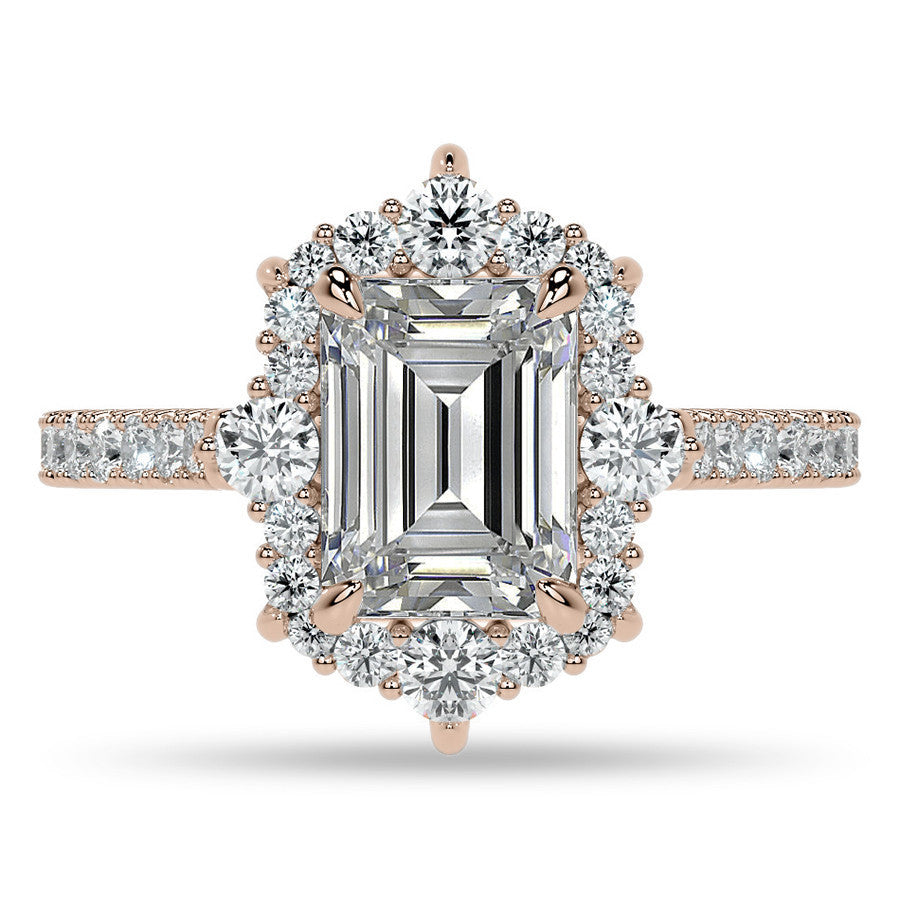 Emerald / Radiant Moissanite Graduated Halo Engagement Ring