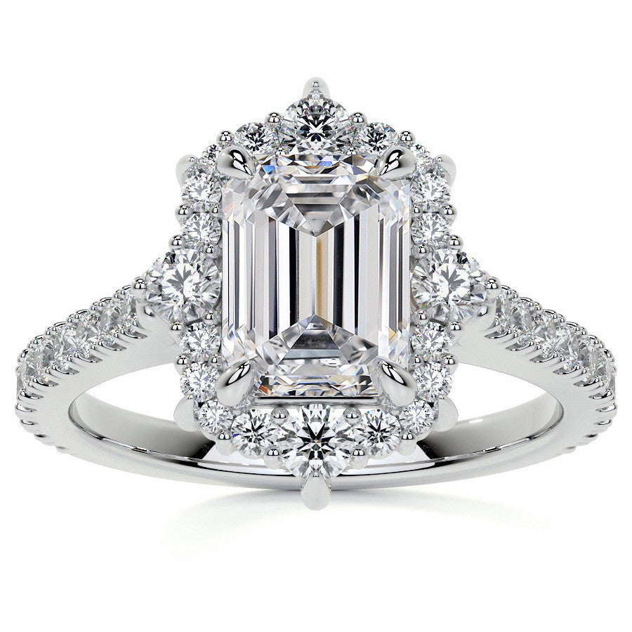 Emerald / Radiant Moissanite Graduated Halo Engagement Ring