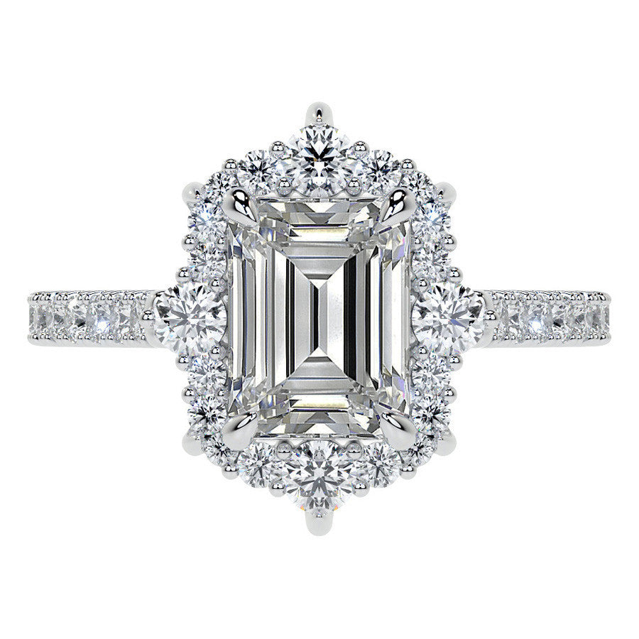 Emerald / Radiant Moissanite Graduated Halo Engagement Ring