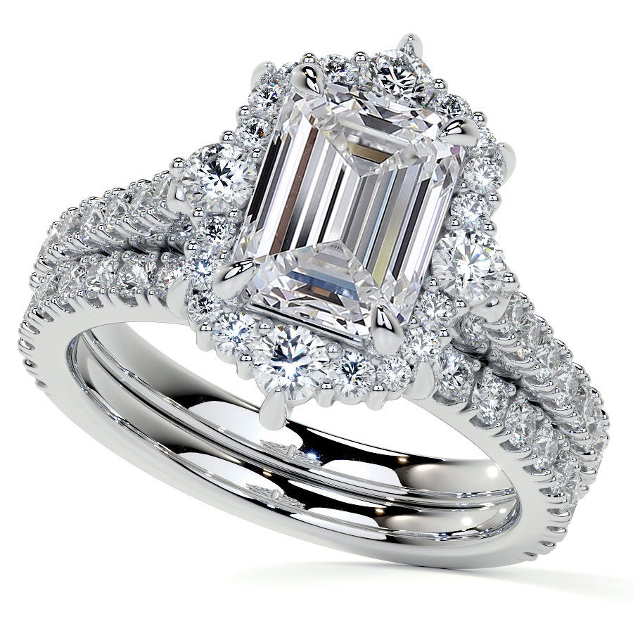Emerald / Radiant Moissanite Graduated Halo Engagement Ring
