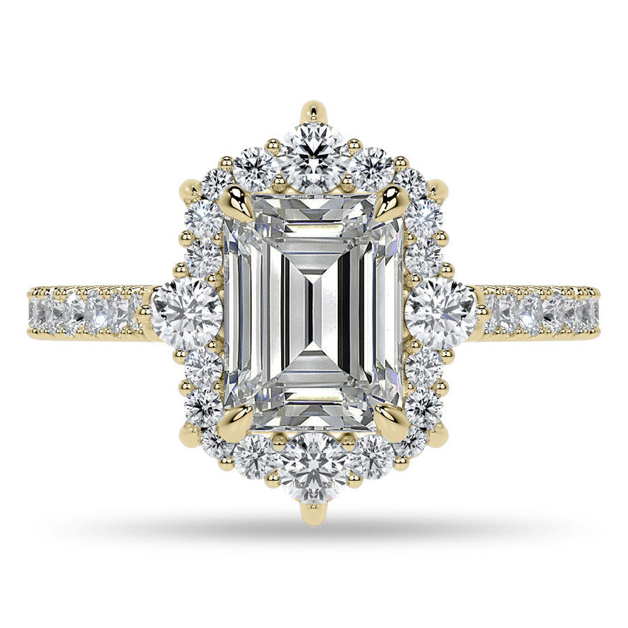 Emerald / Radiant Moissanite Graduated Halo Engagement Ring