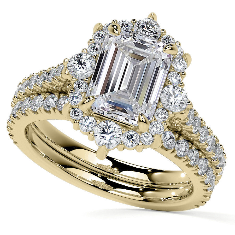 Emerald / Radiant Moissanite Graduated Halo Engagement Ring