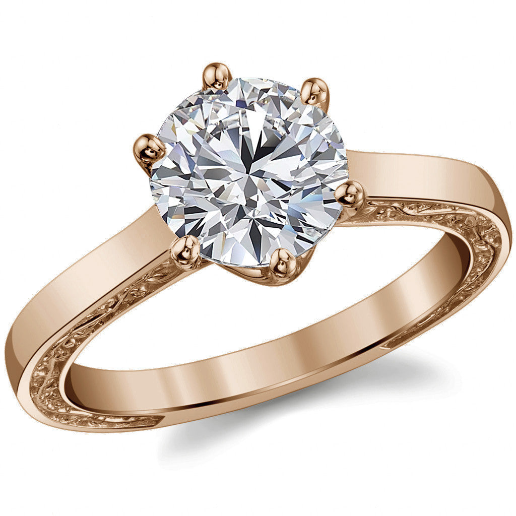 Six-Prong Trellis Solitaire Ring with Plain Shank & Vine Design