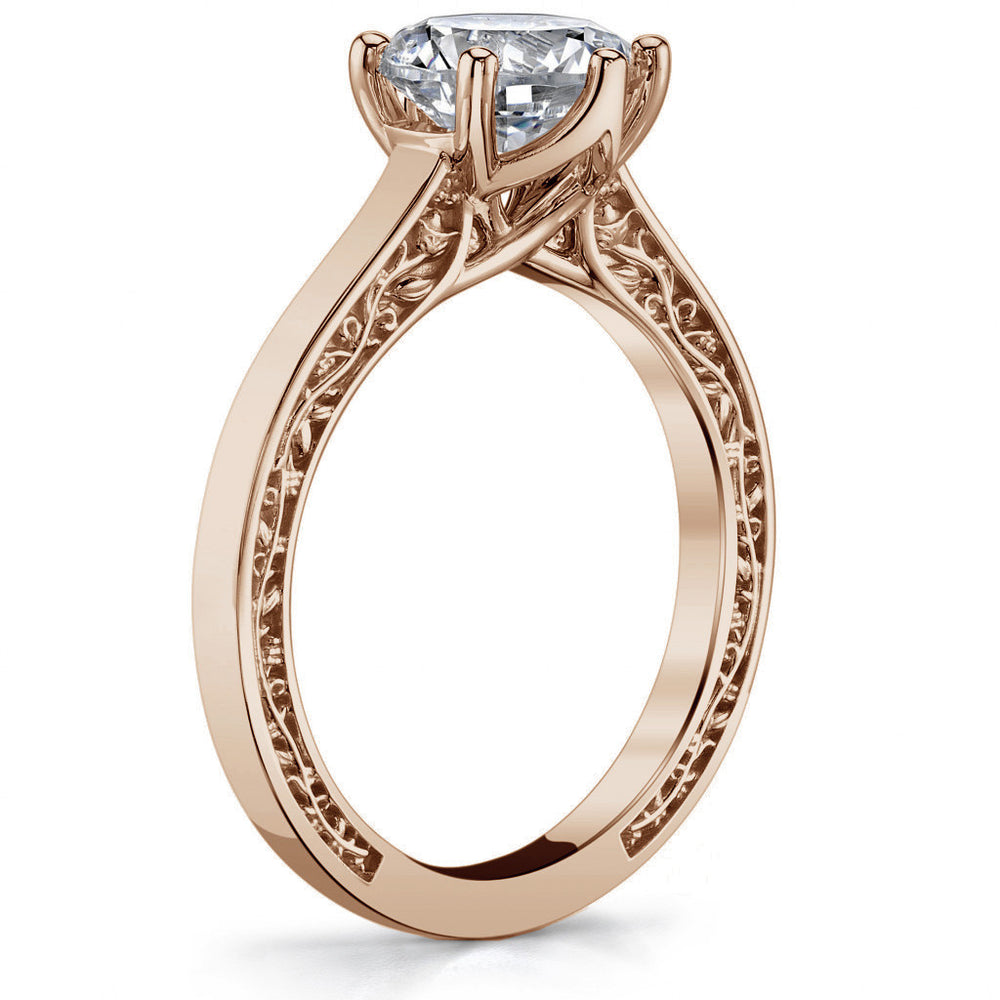 Six-Prong Trellis Solitaire Ring with Plain Shank & Vine Design