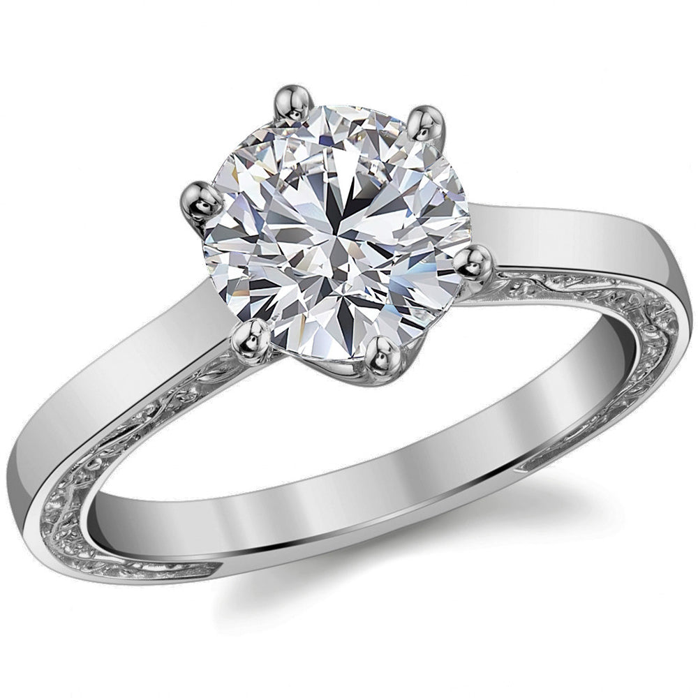 Six-Prong Trellis Solitaire Ring with Plain Shank & Vine Design
