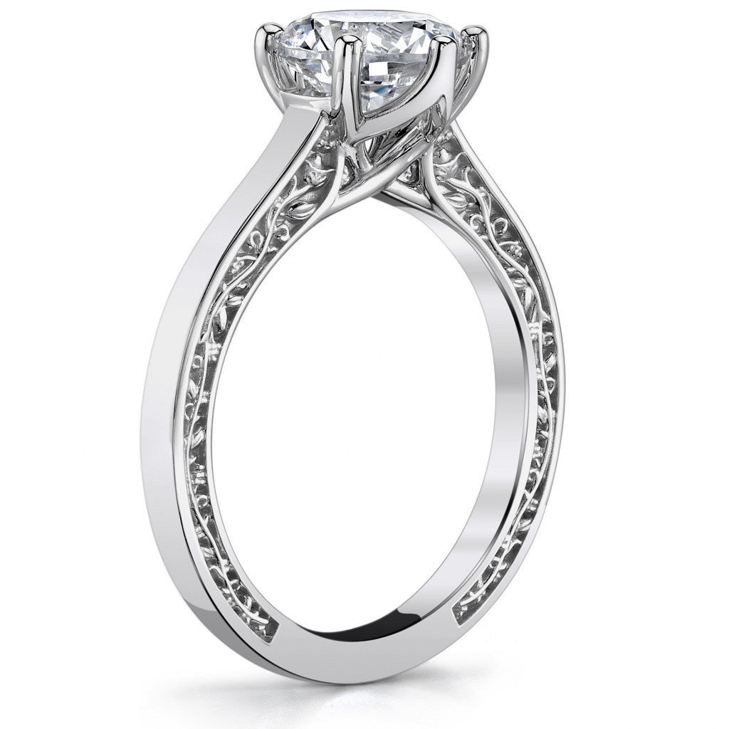 Six-Prong Trellis Solitaire Ring with Plain Shank & Vine Design