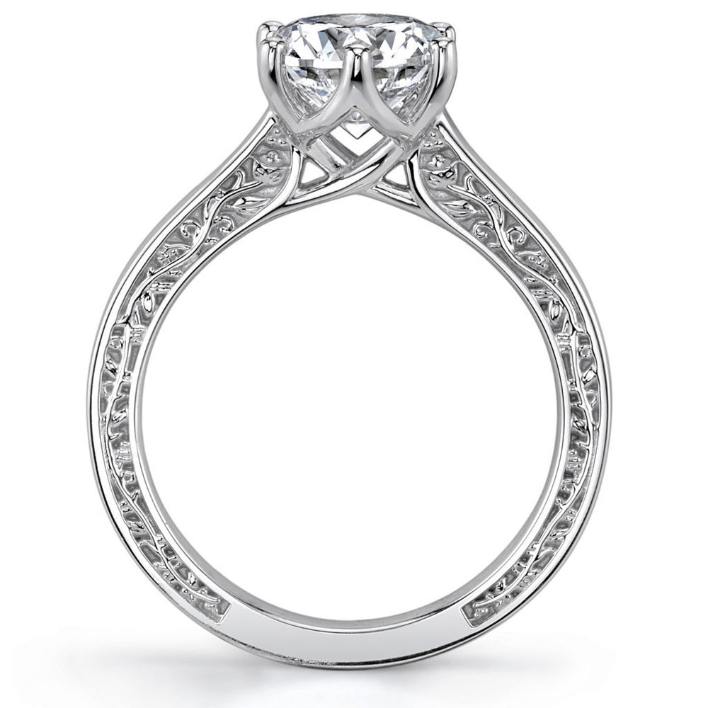 Six-Prong Trellis Solitaire Ring with Plain Shank & Vine Design