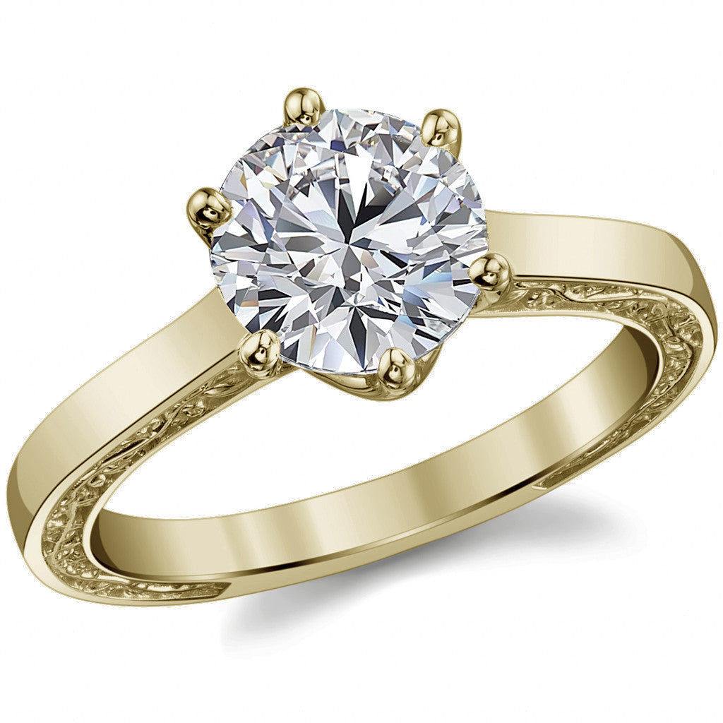 Six-Prong Trellis Solitaire Ring with Plain Shank & Vine Design