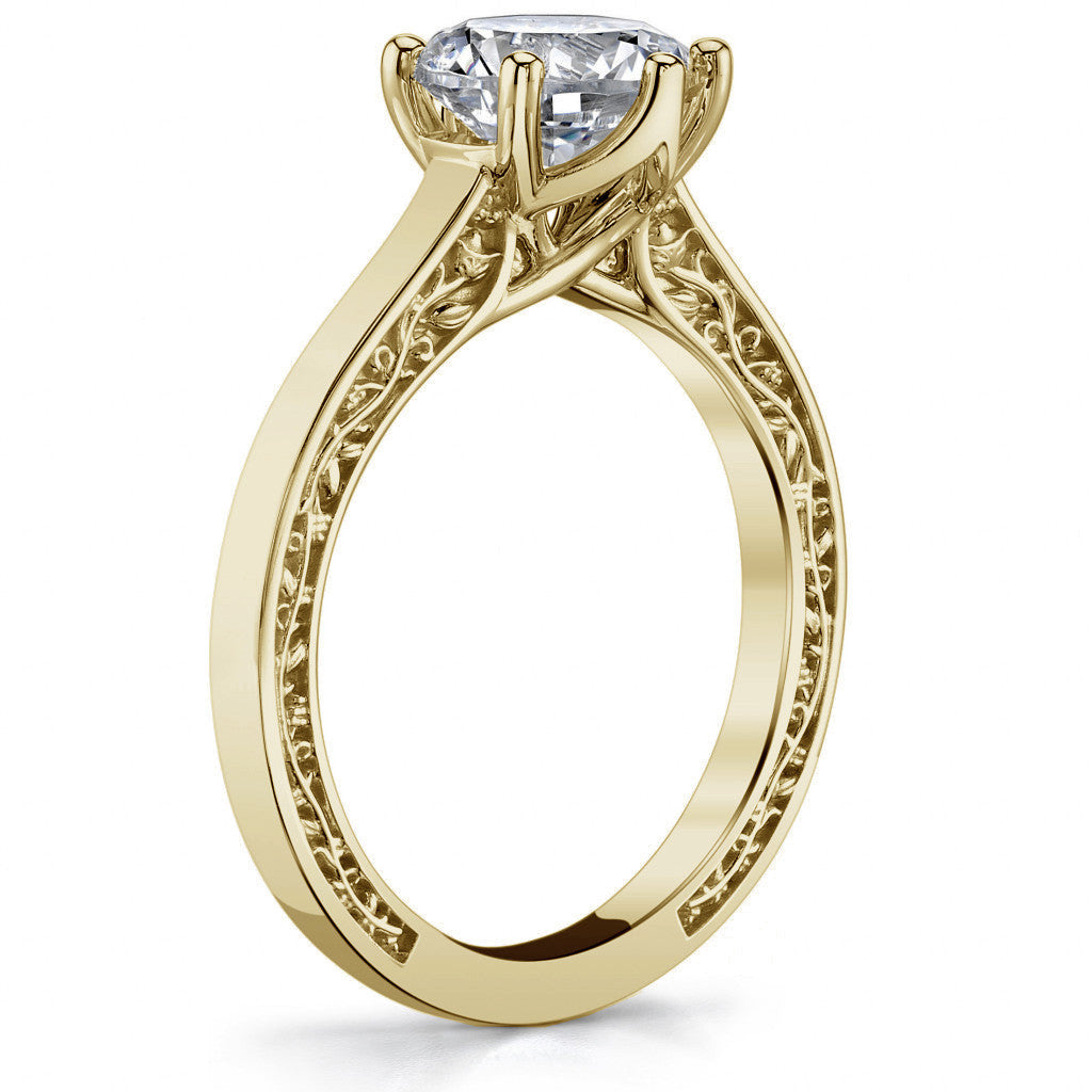 Six-Prong Trellis Solitaire Ring with Plain Shank & Vine Design