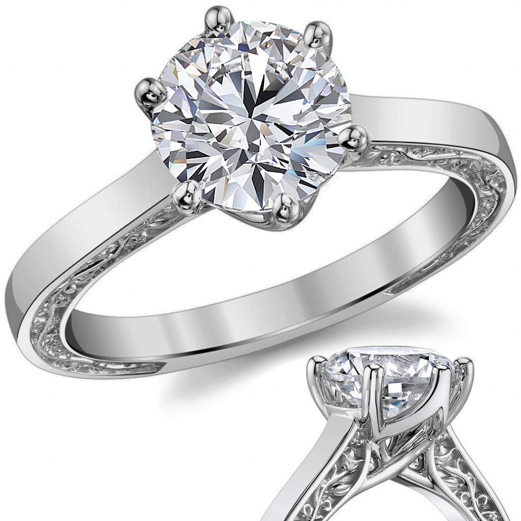 Six-Prong Trellis Solitaire Ring with Plain Shank & Vine Design