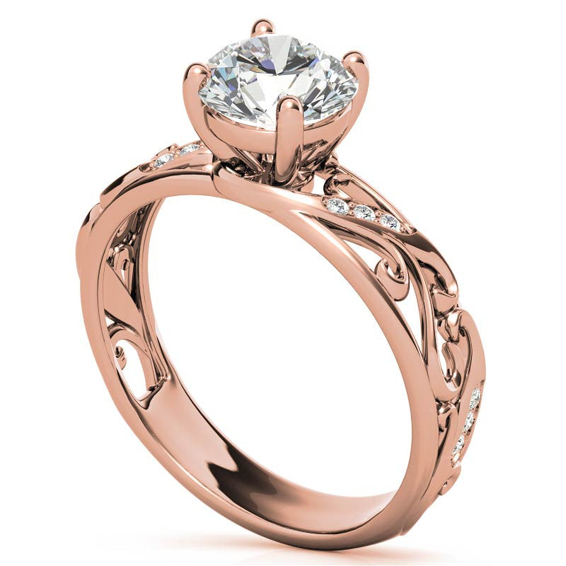 Filigree Scroll Round Brilliant Moissanite Engagement Ring