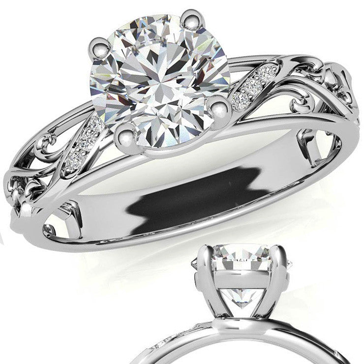 Filigree Scroll Round Brilliant Moissanite Engagement Ring