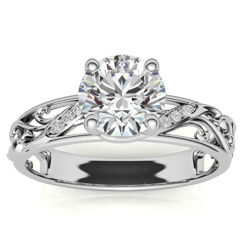 Filigree Scroll Round Brilliant Moissanite Engagement Ring