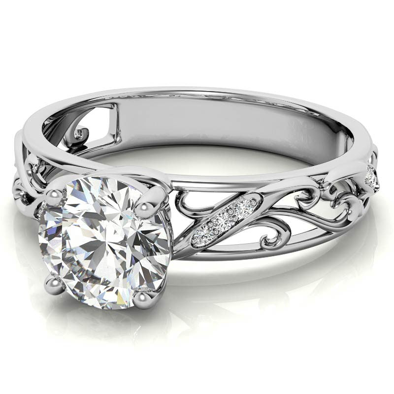 Filigree Scroll Round Brilliant Moissanite Engagement Ring