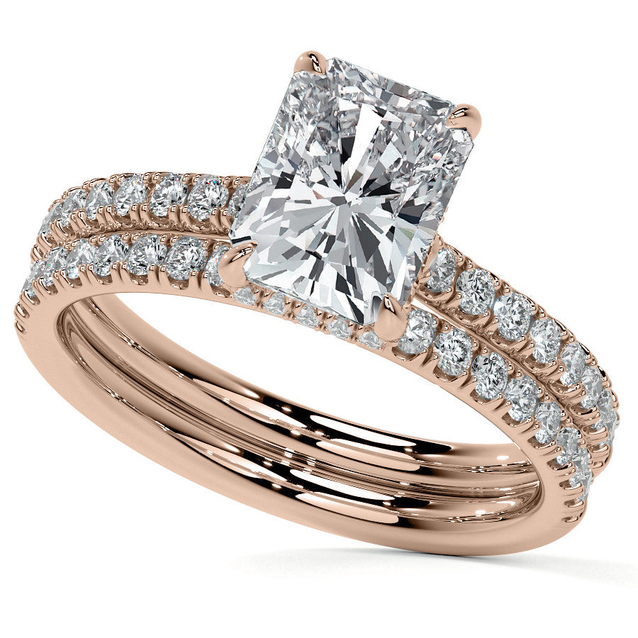 Emerald / Radiant 4-Prong Hidden Halo Moissanite Engagement Ring