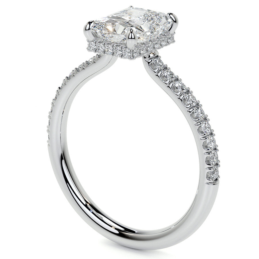 Emerald / Radiant 4-Prong Hidden Halo Moissanite Engagement Ring