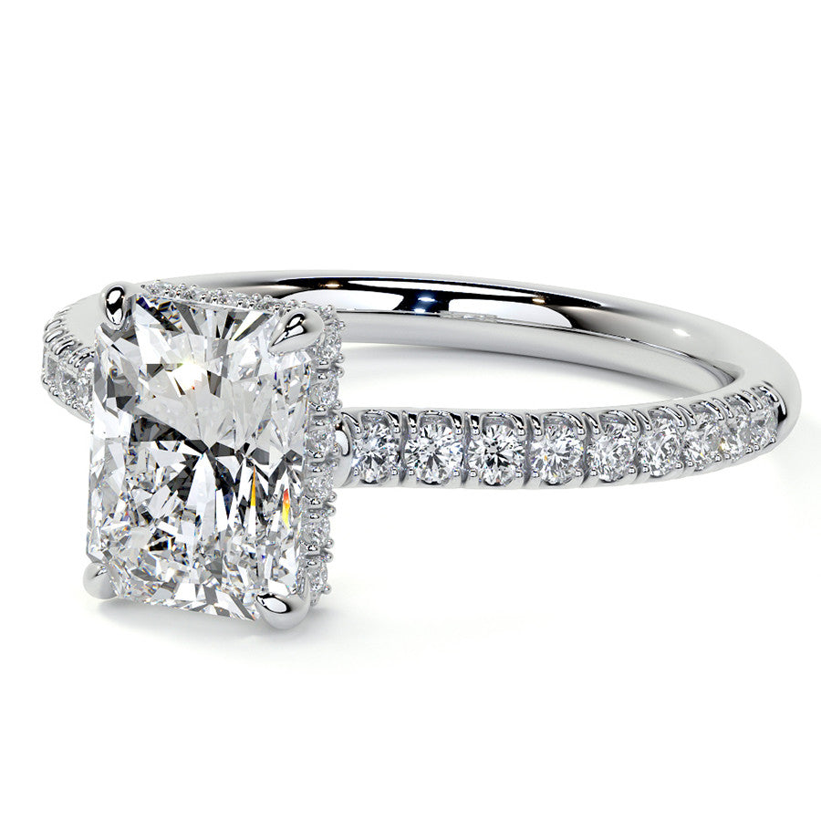 Emerald / Radiant 4-Prong Hidden Halo Moissanite Engagement Ring