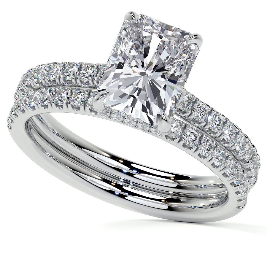 Emerald / Radiant 4-Prong Hidden Halo Moissanite Engagement Ring