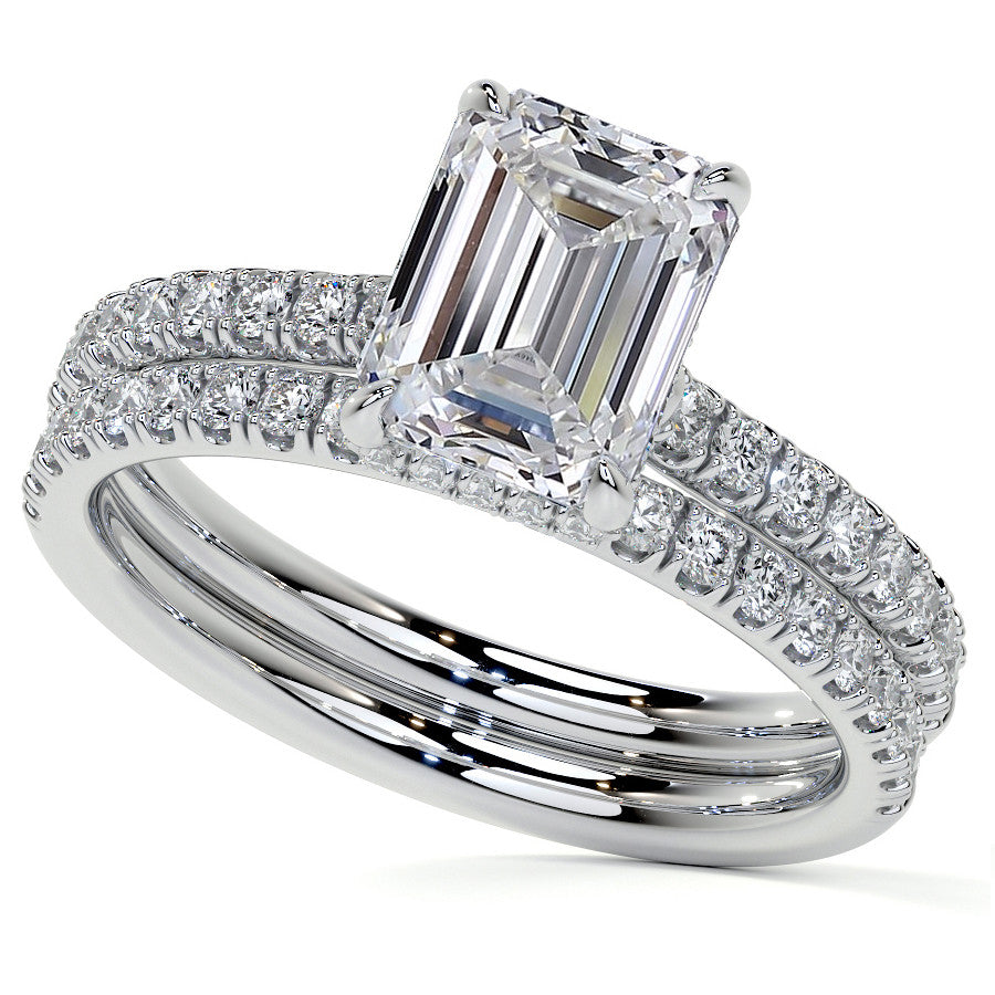 Emerald / Radiant 4-Prong Hidden Halo Moissanite Engagement Ring