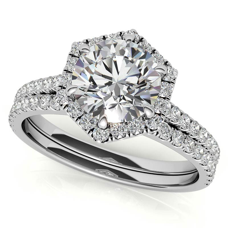 Hexagon Halo Round Brilliant Moissanite Engagement Ring